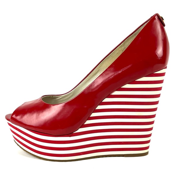 Michael Kors Adalia Red Patent Slim Striped Peep Toe Platform Wedges - Picture 5 of 10
